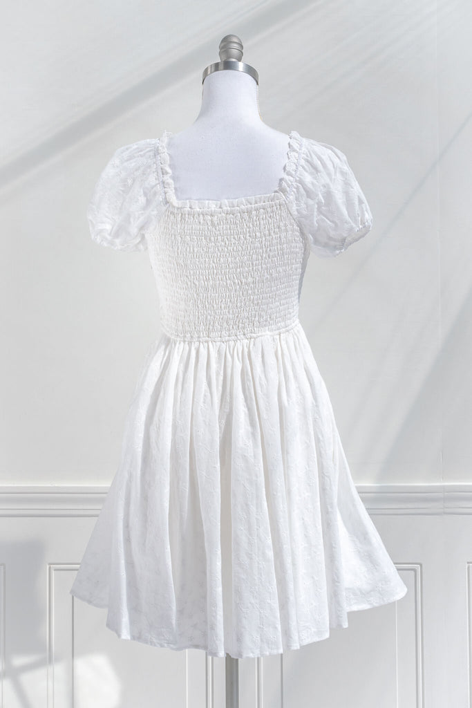 little white dress - cotton, short puff sleeves, and square neckline - graduation or garden party dress - amantine 