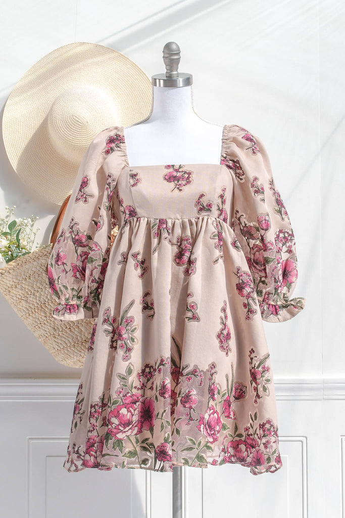 aesthetic dresses - long puff sleeve dress, square neckline, babydoll style floral dress with sheer floral details - amantine - feminine clothing