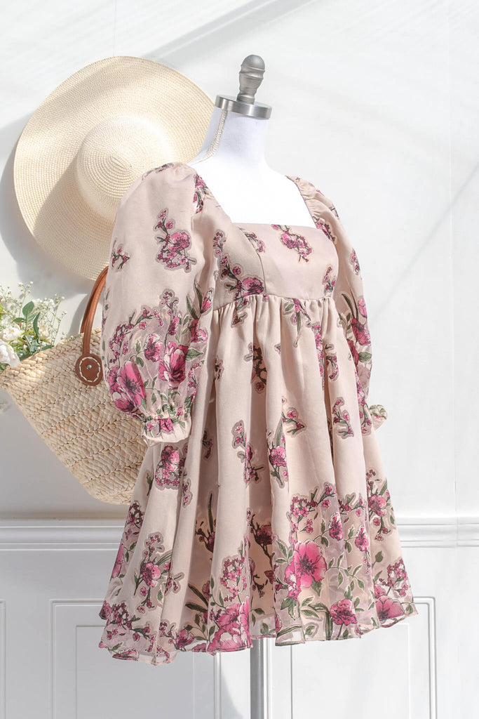 aesthetic dresses - long puff sleeve dress, square neckline, babydoll style floral dress with sheer floral details - amantine - feminine clothing