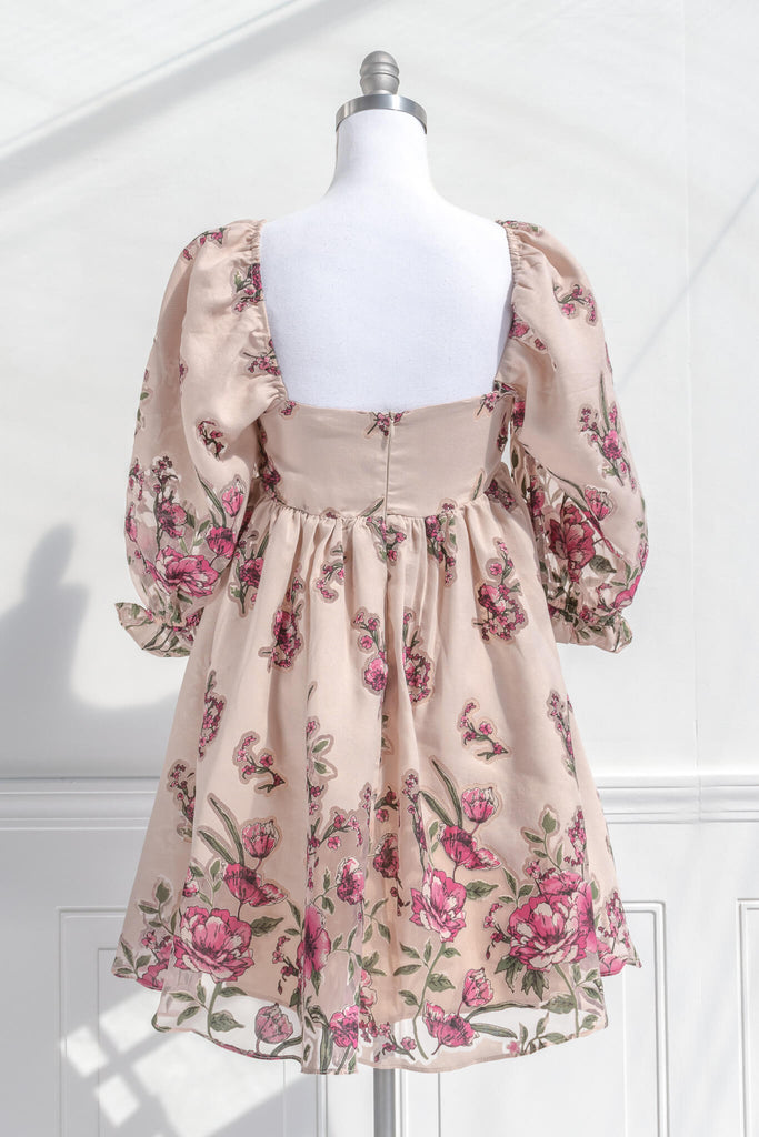 aesthetic dresses - long puff sleeve dress, square neckline, babydoll style floral dress with sheer floral details - amantine - feminine clothing