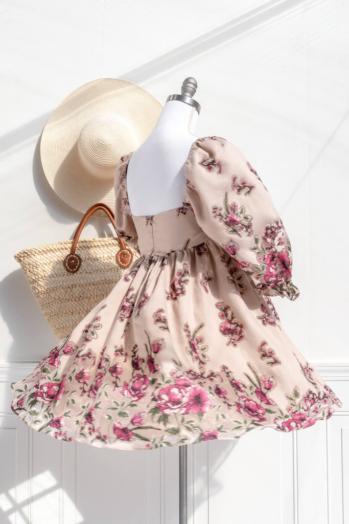 aesthetic dresses - long puff sleeve dress, square neckline, babydoll style floral dress with sheer floral details - amantine - feminine clothing