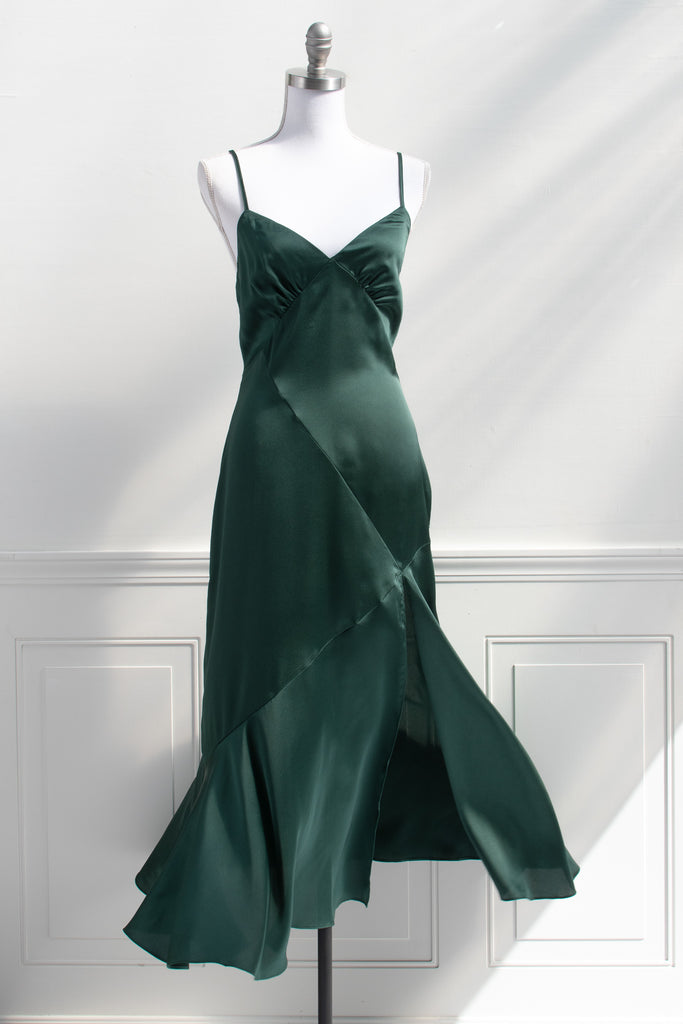 romantic emerald green bias cut 1930s vintage style slit sexy event holiday dress