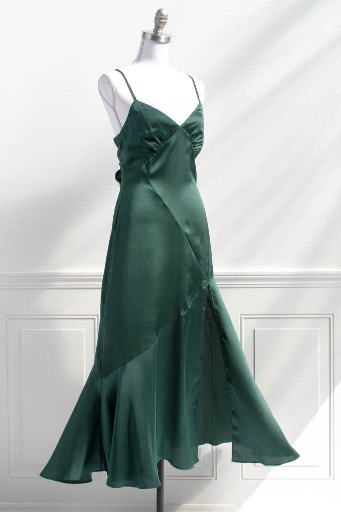romantic emerald green bias cut 1930s vintage style slit sexy event holiday dress - atonement green dress
